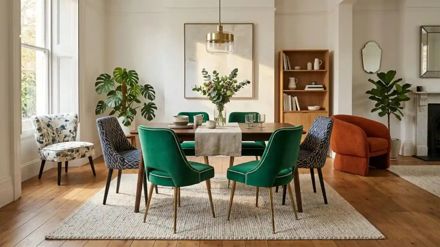 Modern dining room setup with green velvet chairs.