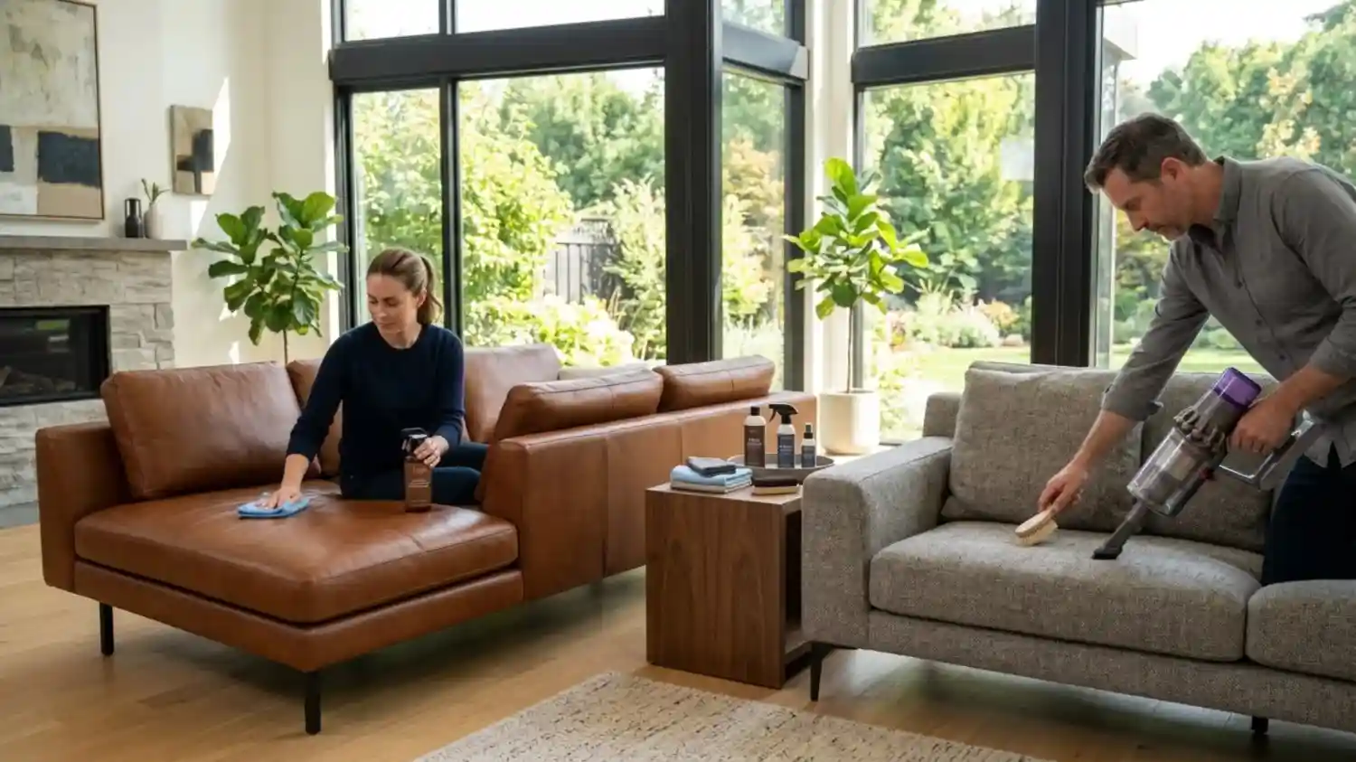 Professional maintenance and cleaning of leather sofa and fabric in dubai.