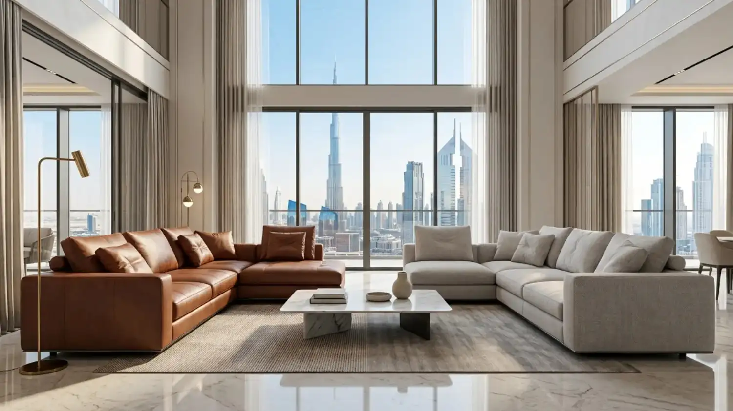 Modern Dubai penthouse living room.