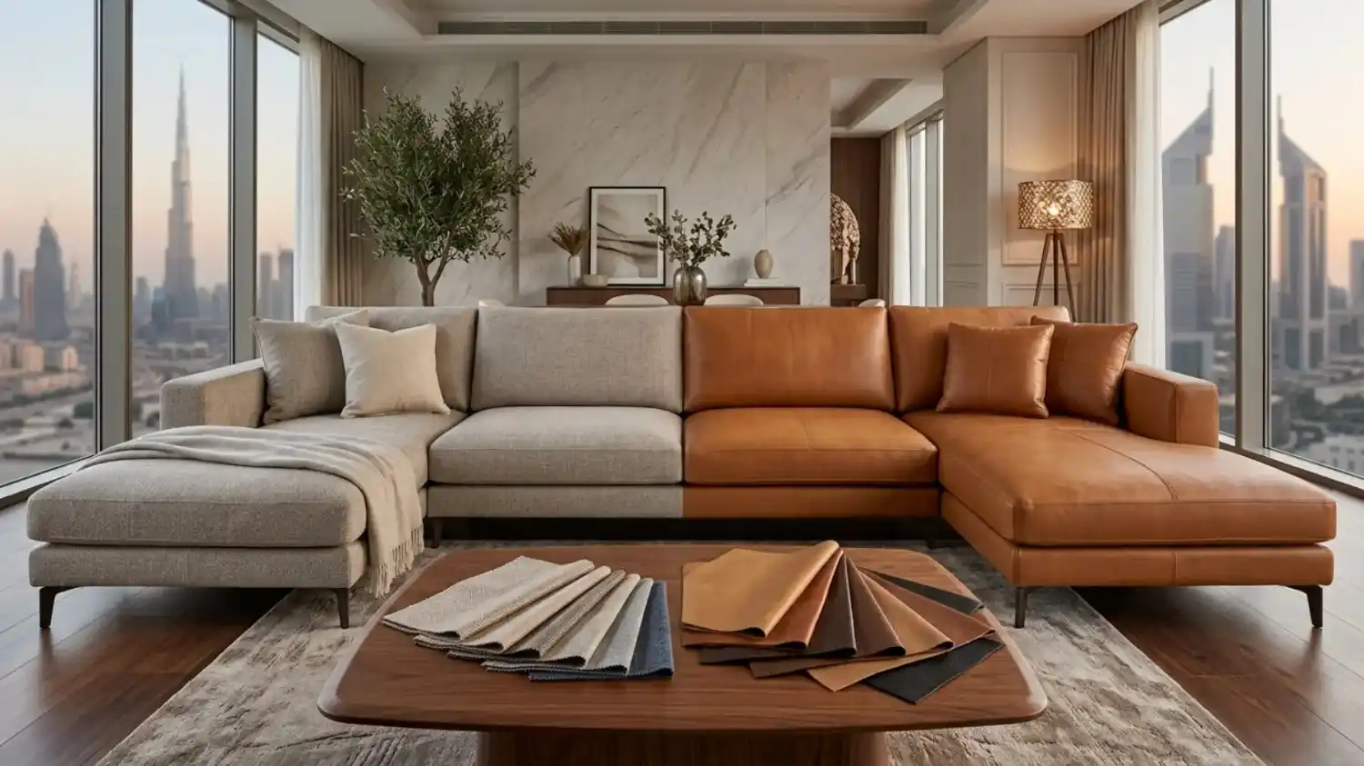Split sectional sofa featuring beige fabric and brown leather upholstery in dubai.