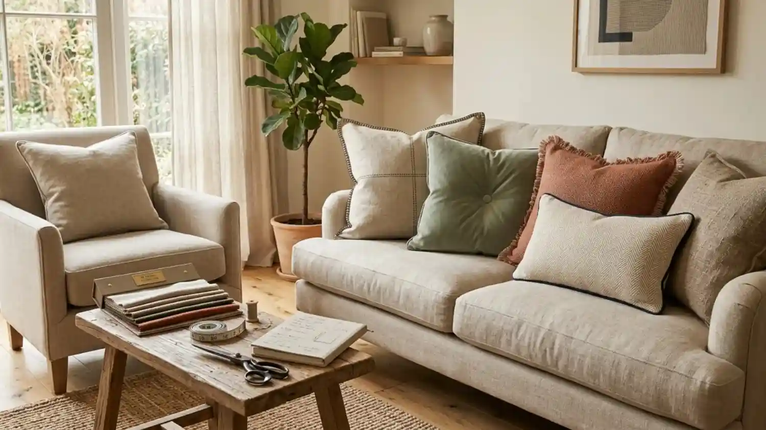 Beige sofa with decorative throw pillows and wooden coffee table.