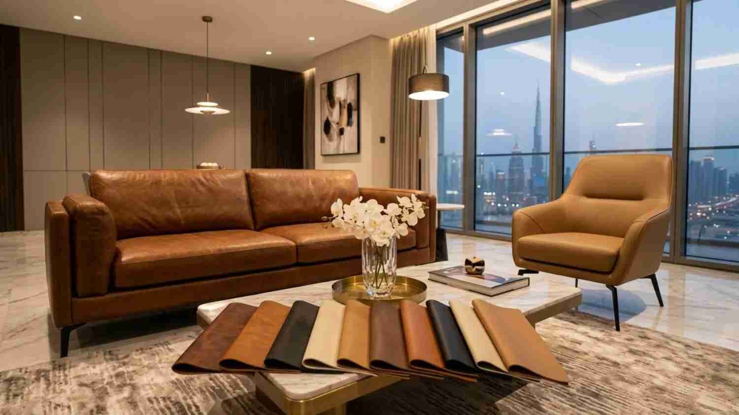 Leather upholstery swatches on coffee table in dubai.