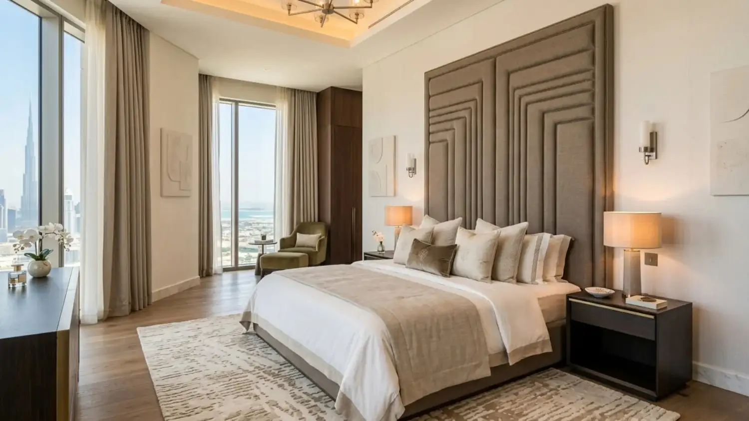 Upholstered headboard in modern bedroom dubai.