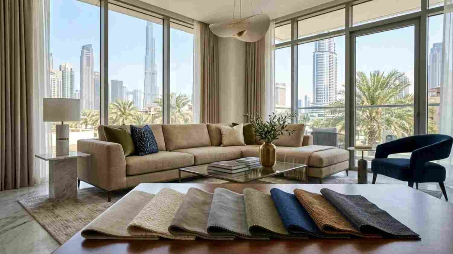 Upholstery fabric swatches in modern living room.