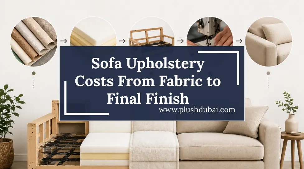 Sofa upholstery costs guide diagram showing fabric options.