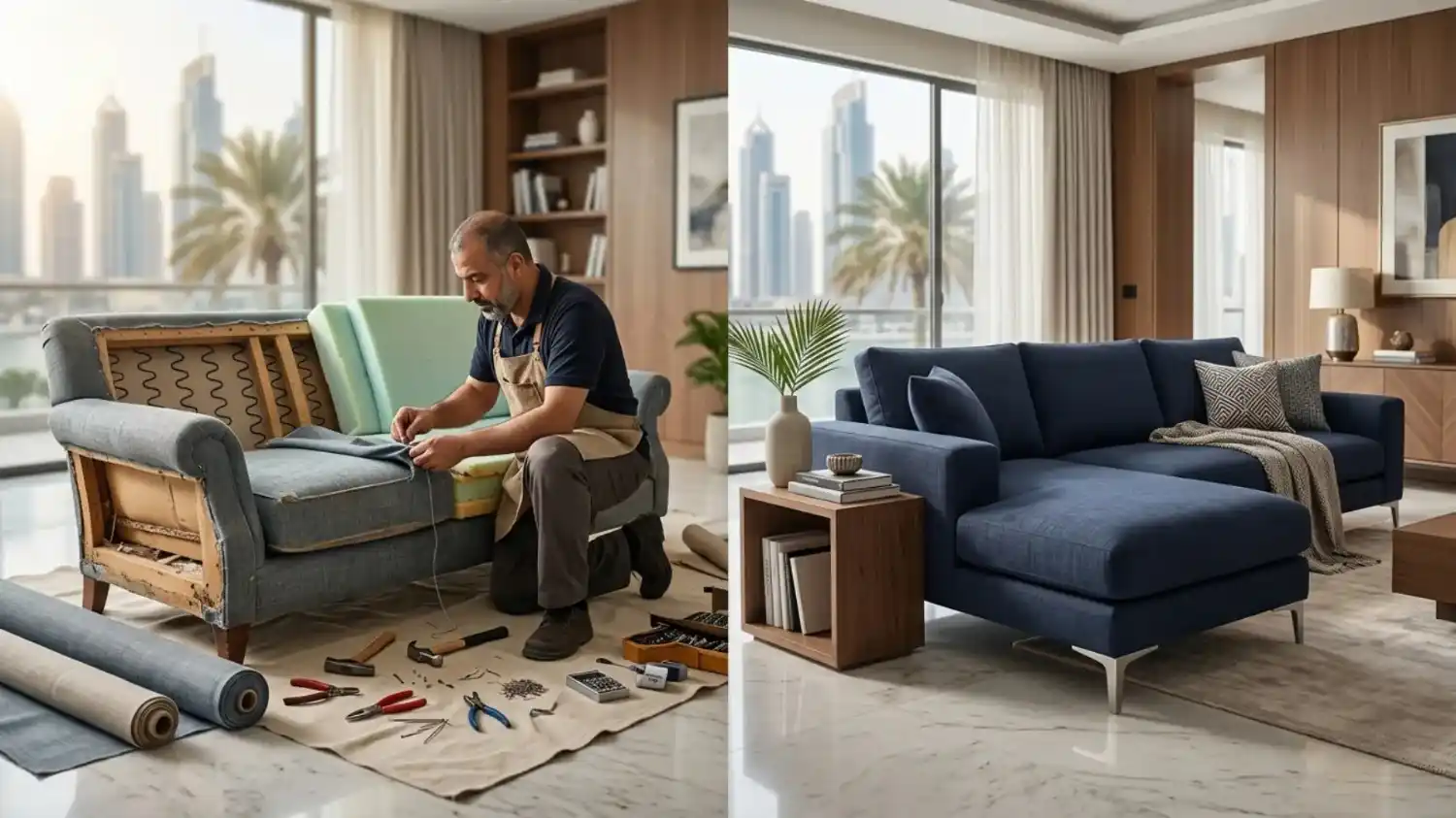 Sofa frame repair and restored navy sectional in dubai.